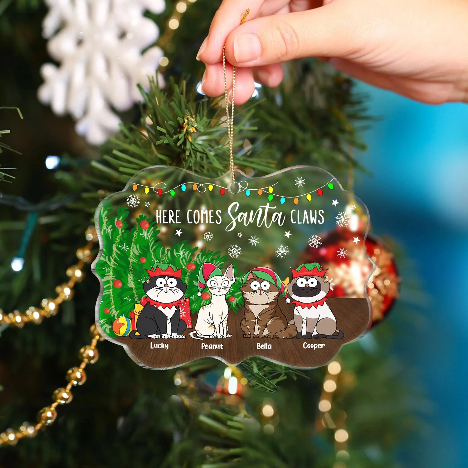 Here Comes Santa Claws Funny Cartoon Cats - Christmas Gift For Cat Lovers - Personalized Medallion Acrylic Ornament - Image 4