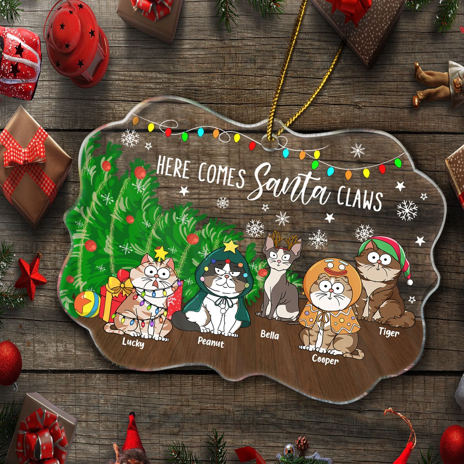Here Comes Santa Claws Funny Cartoon Cats - Christmas Gift For Cat Lovers - Personalized Medallion Acrylic Ornament - Image 5