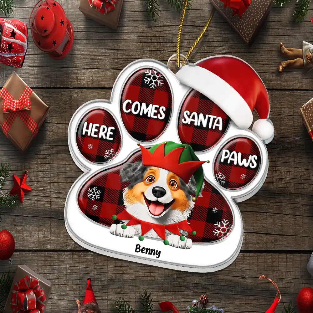Here Comes Santa Paws 3D Effect Dog Cat - Personalized Custom Shaped Acrylic Ornament - Image 5