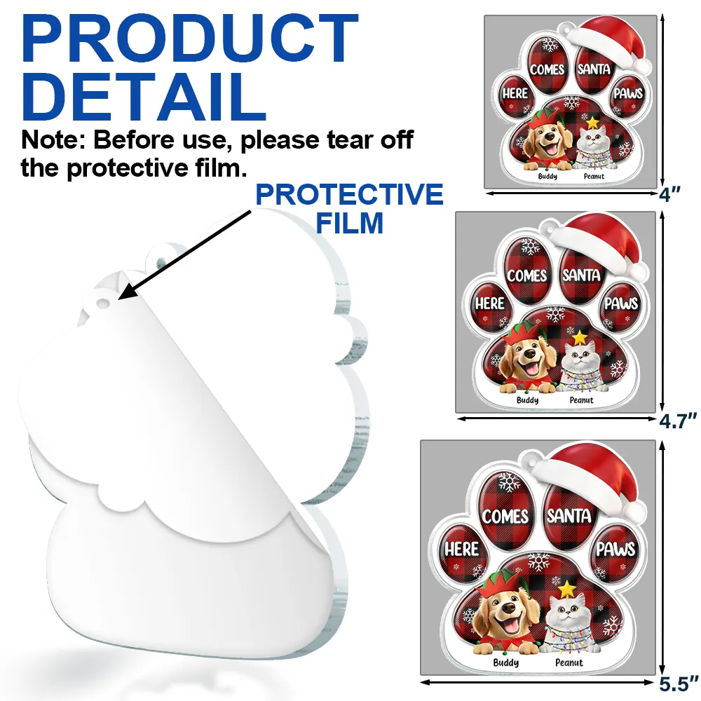 Here Comes Santa Paws 3D Effect Dog Cat - Personalized Custom Shaped Acrylic Ornament - Image 6