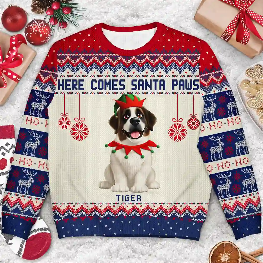 Here Comes Santa Paws 3D Effect Dog Cat - Personalized Unisex Ugly Sweater - Image 3