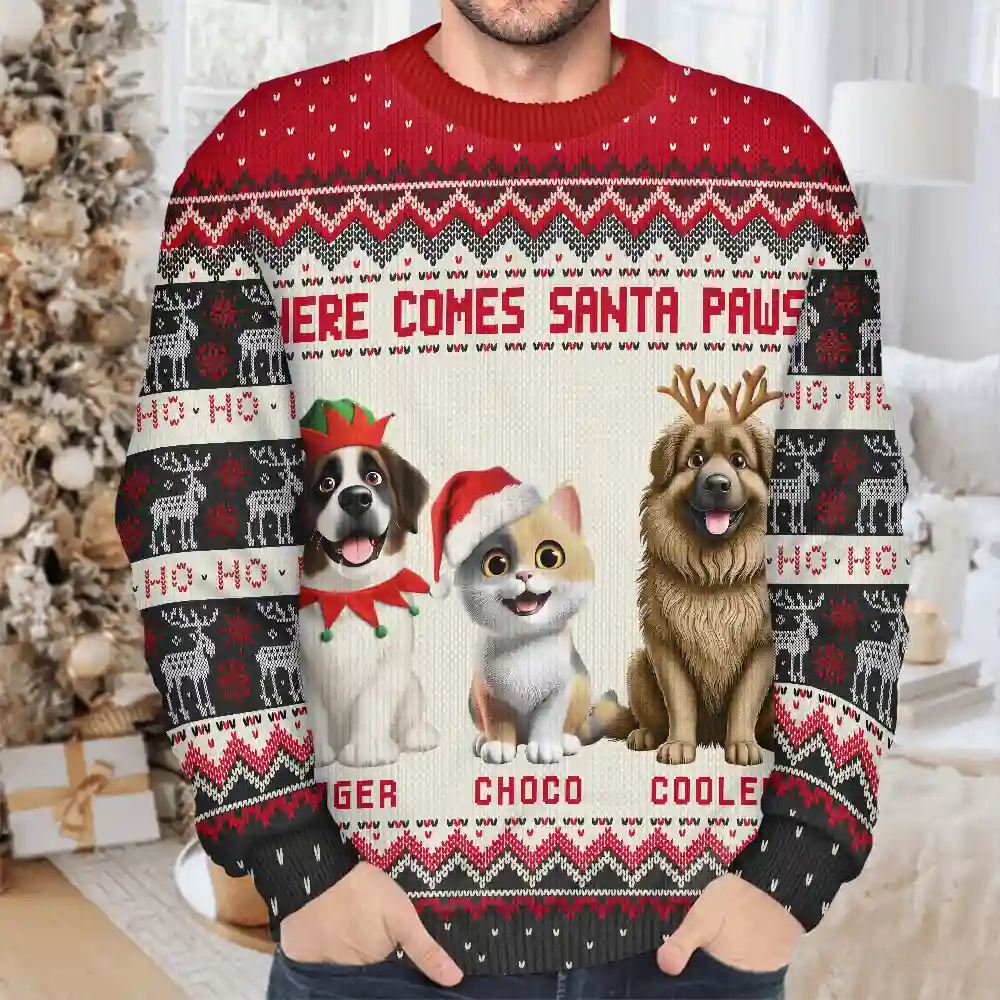Here Comes Santa Paws 3D Effect Dog Cat - Personalized Unisex Ugly Sweater - Image 4
