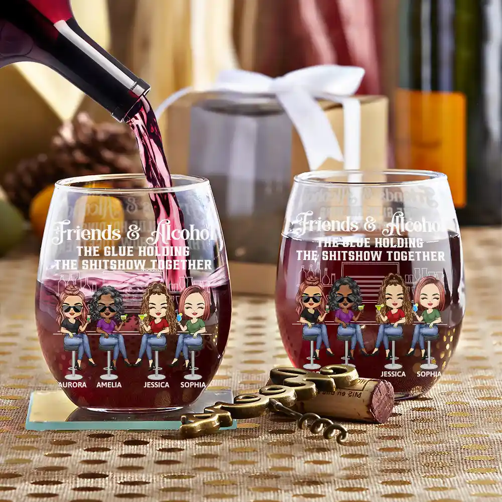 Here's To Another Year Of Bonding Over Alcohol Bestie Chibi - Personalized Stemless Wine Glass - Image 3