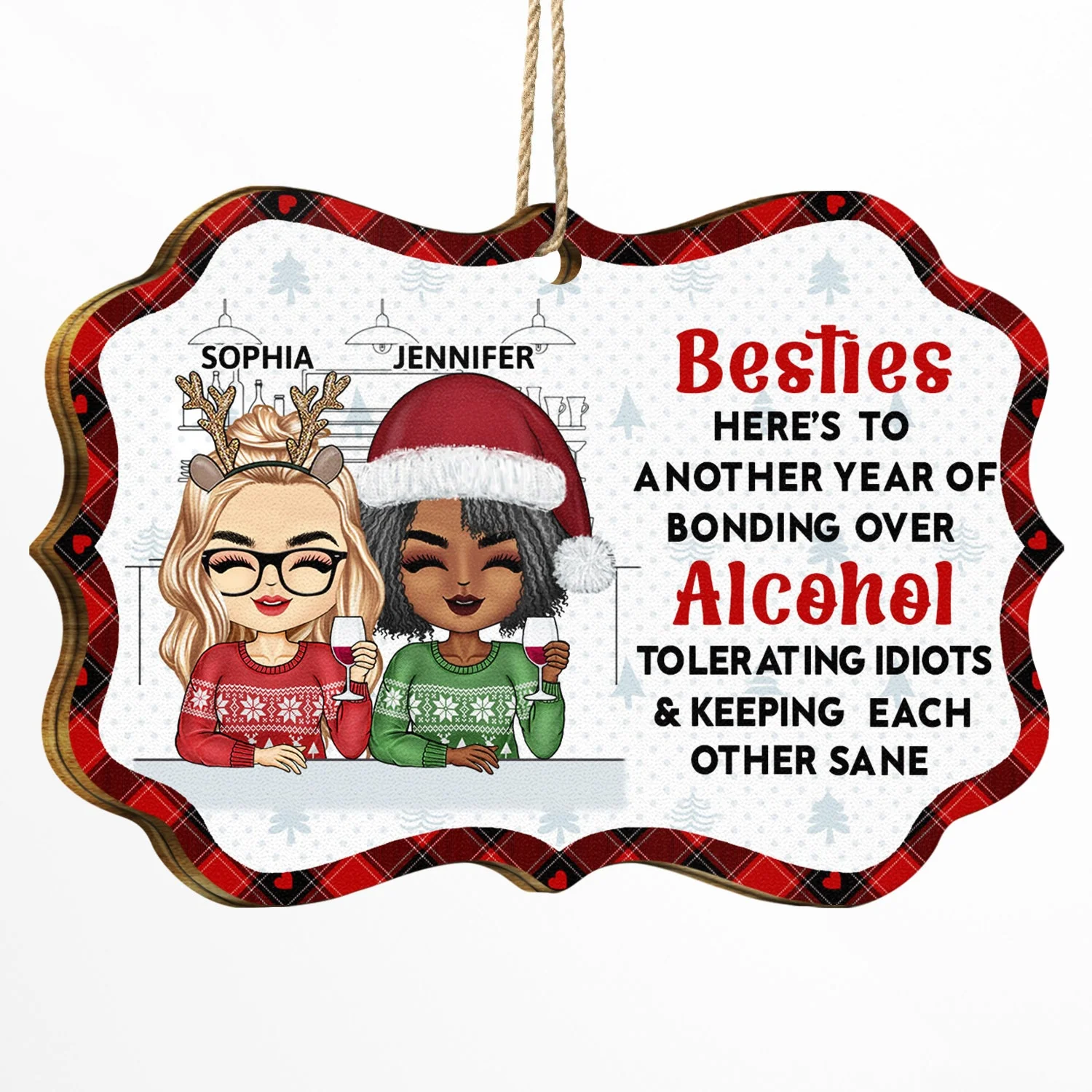 Here's To Another Year Of Bonding Over Alcohol - Christmas Gifts For Best Friends, Besties - Personalized Medallion Wooden Ornament