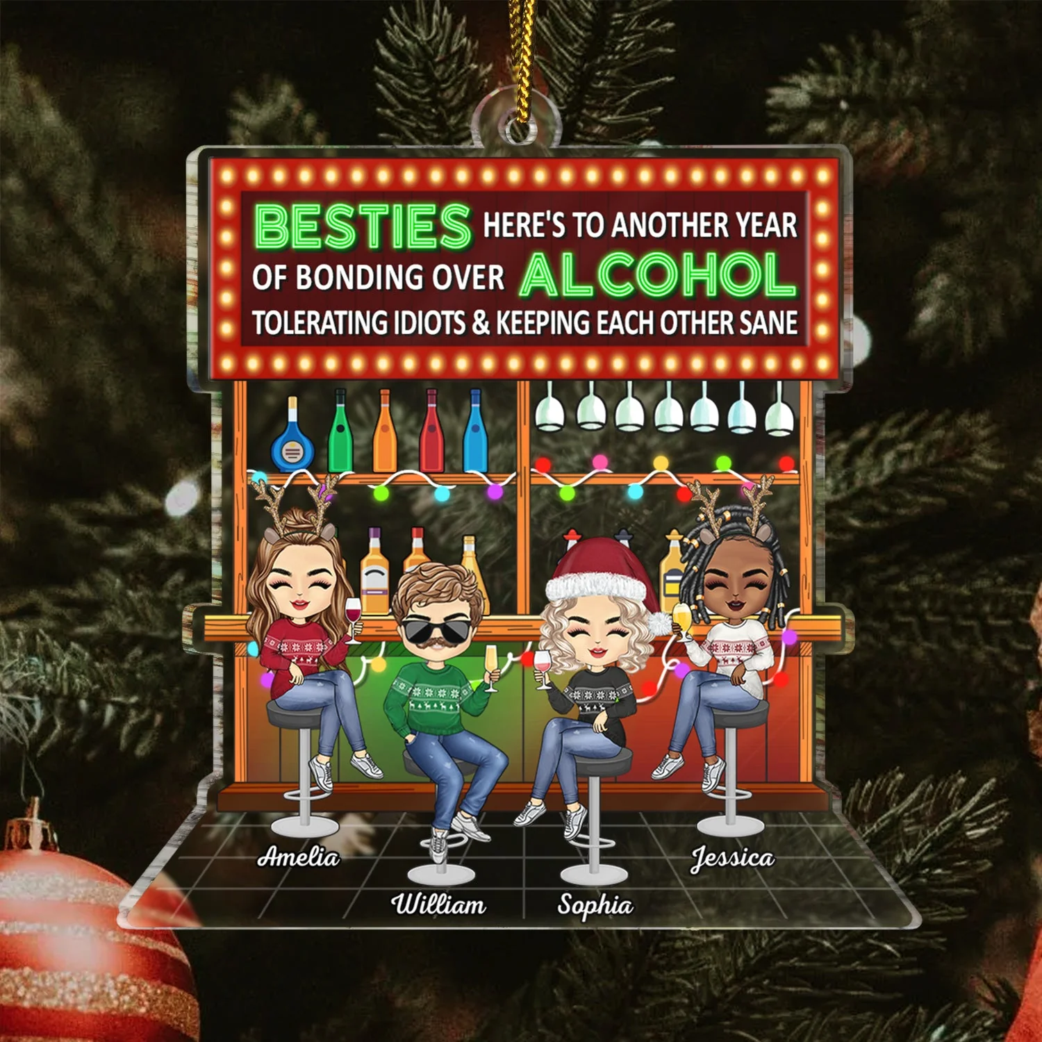 Here's To Another Year Of Bonding Over Alcohol Party Chibi - Christmas Gifts For Besties, Friends - Personalized Cutout Acrylic Ornament - Image 3