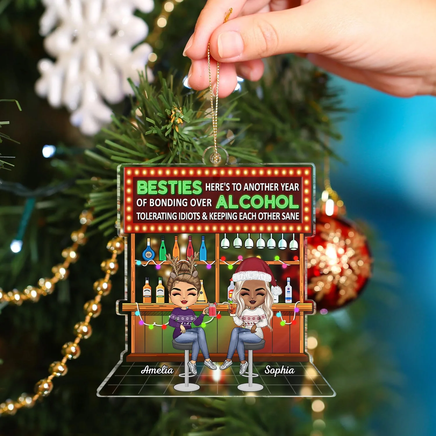 Here's To Another Year Of Bonding Over Alcohol Party Chibi - Christmas Gifts For Besties, Friends - Personalized Cutout Acrylic Ornament - Image 4