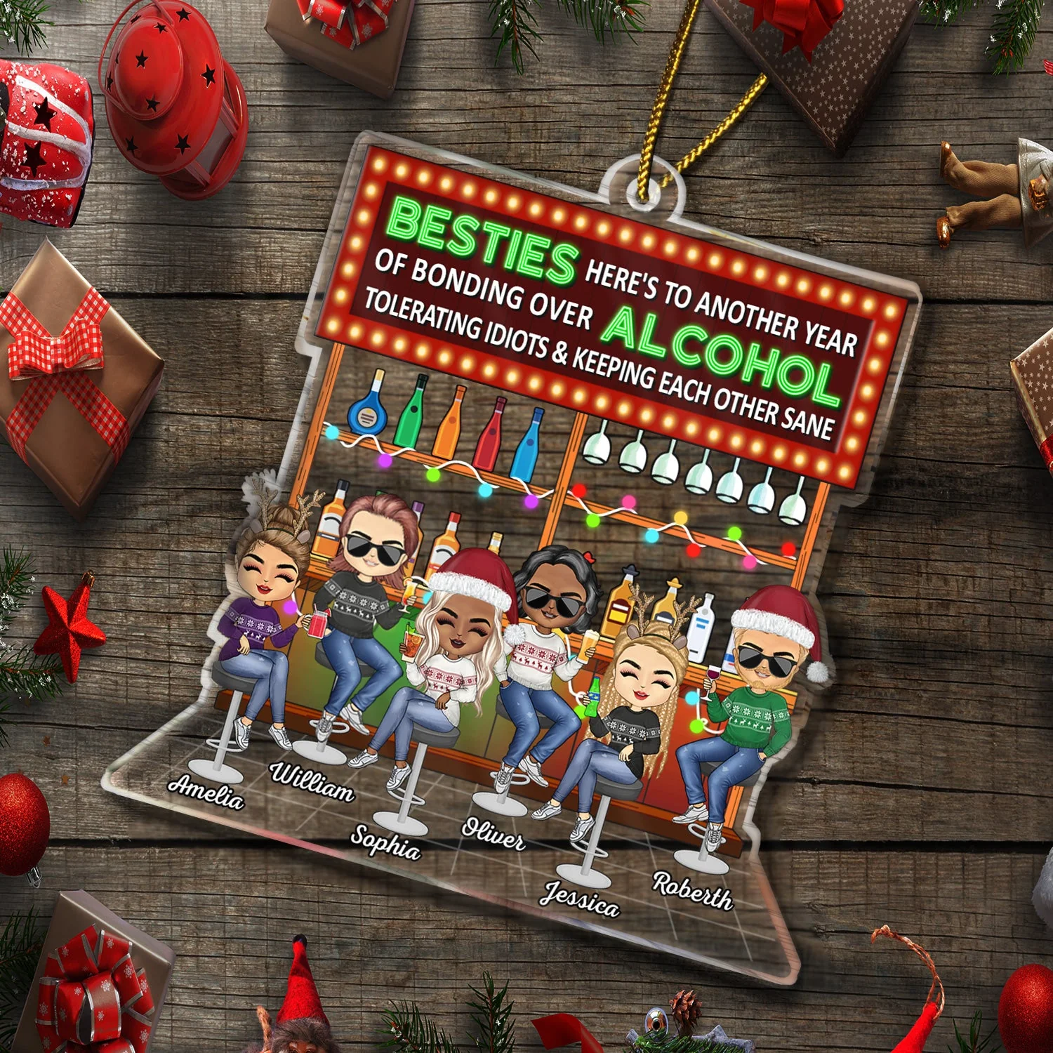 Here's To Another Year Of Bonding Over Alcohol Party Chibi - Christmas Gifts For Besties, Friends - Personalized Cutout Acrylic Ornament - Image 6