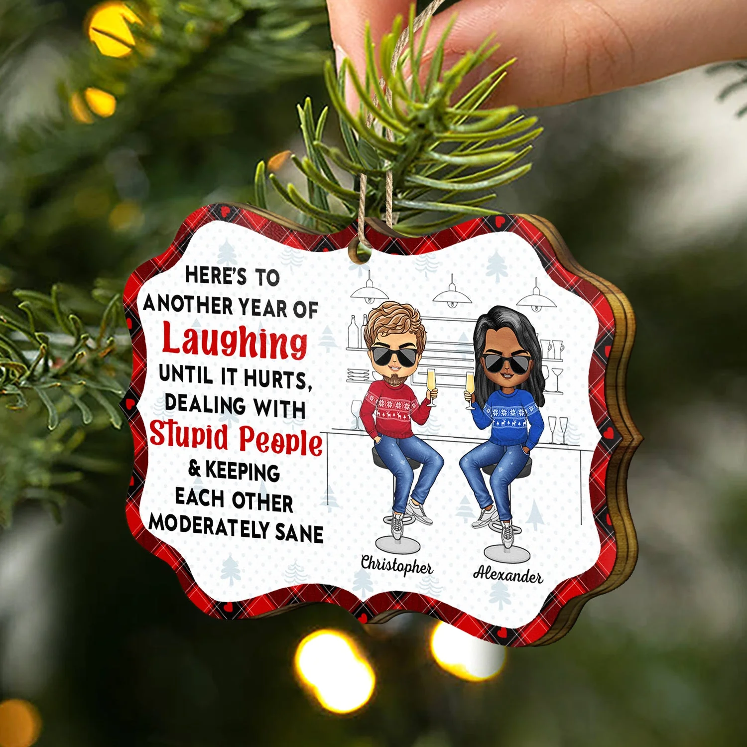 Here's To Another Year Of Laughing Until It Hurts - Christmas Gifts For Besties, Friends - Personalized Medallion Wooden Ornament - Image 2