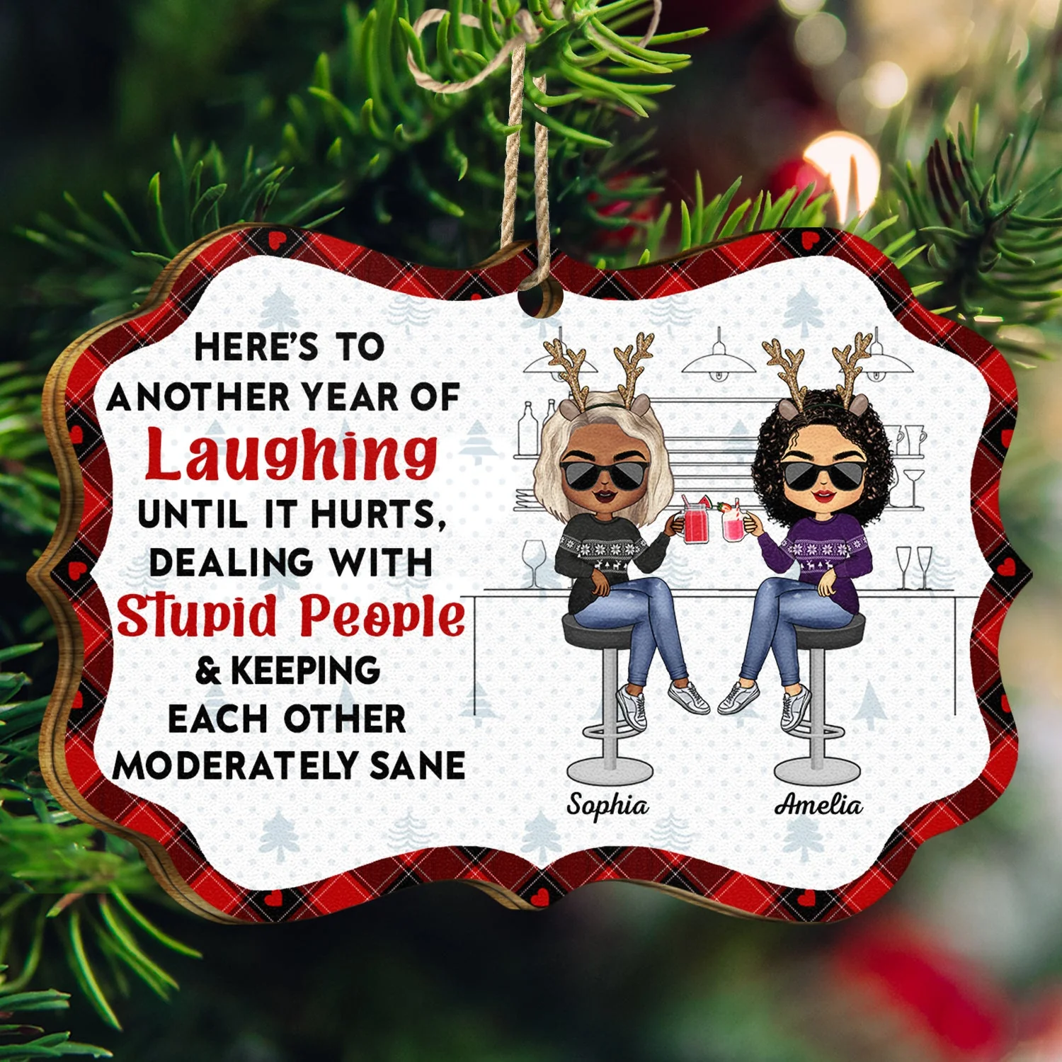 Here's To Another Year Of Laughing Until It Hurts - Christmas Gifts For Besties, Friends - Personalized Medallion Wooden Ornament - Image 3