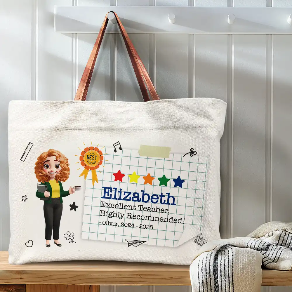 Highly Recommended Teacher - Personalized Leather Handle Tote Bag - Image 3