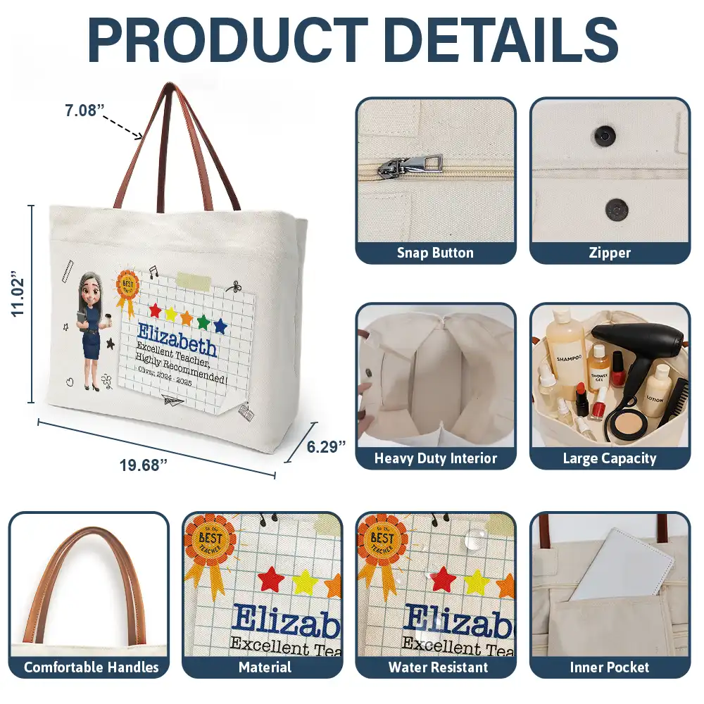 Highly Recommended Teacher - Personalized Leather Handle Tote Bag - Image 4