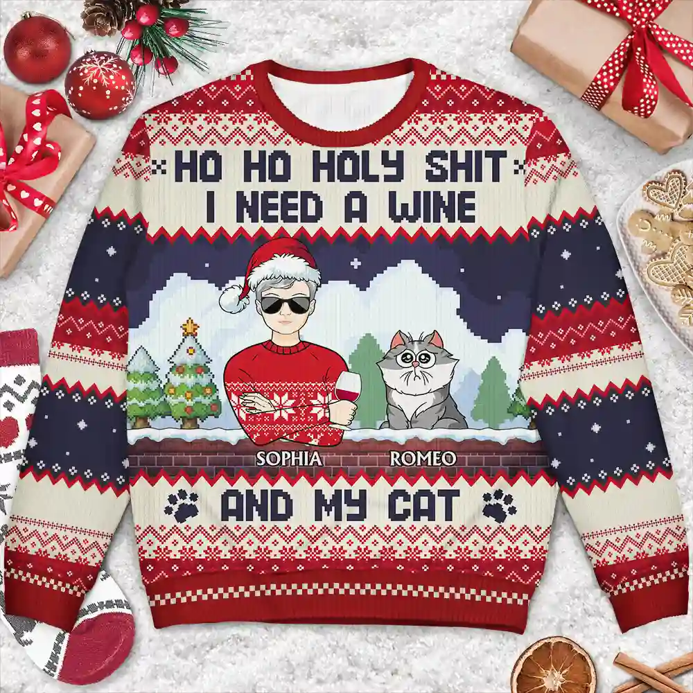 Ho Ho Holy I Need A Beer Funny Cartoon Dog Cat - Personalized Unisex Ugly Sweater - Image 3