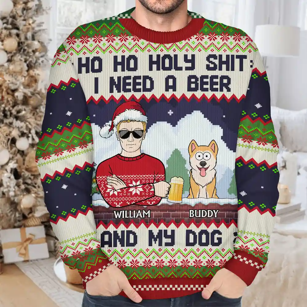 Ho Ho Holy I Need A Beer Funny Cartoon Dog Cat - Personalized Unisex Ugly Sweater - Image 4