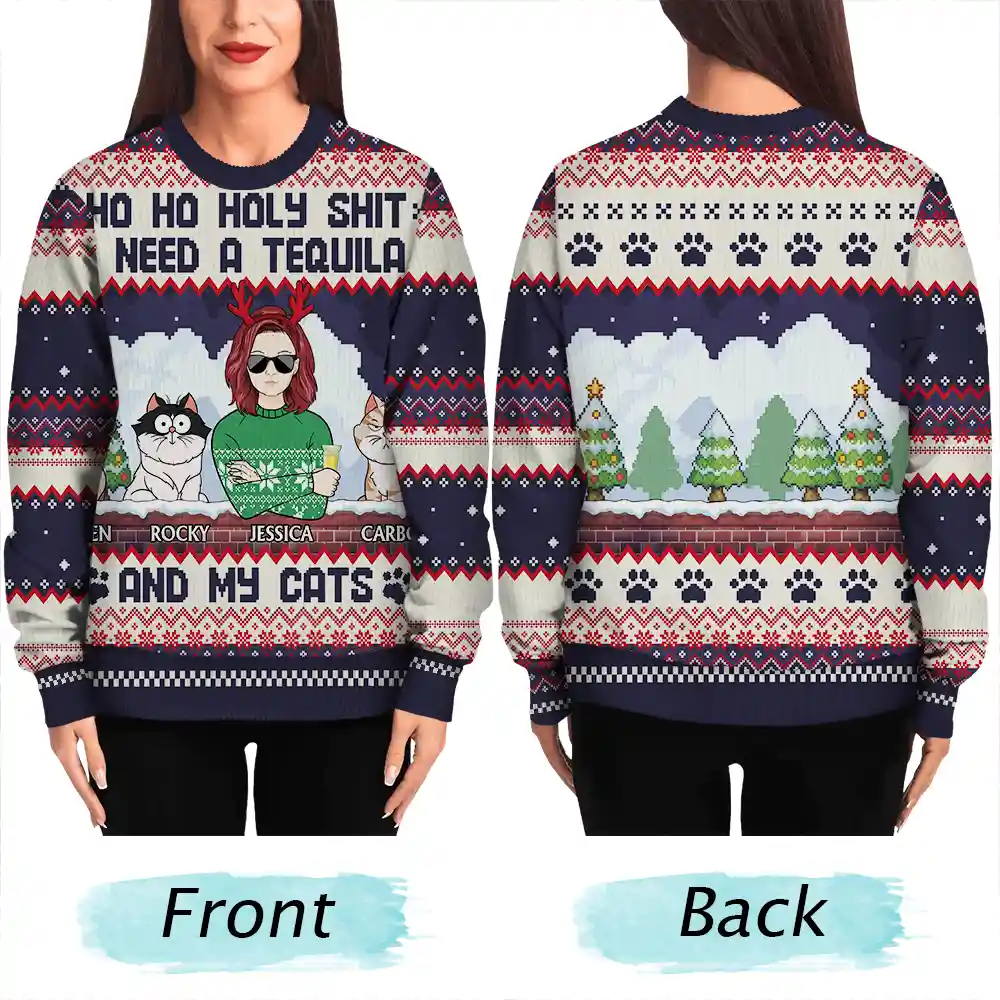 Ho Ho Holy I Need A Beer Funny Cartoon Dog Cat - Personalized Unisex Ugly Sweater - Image 5