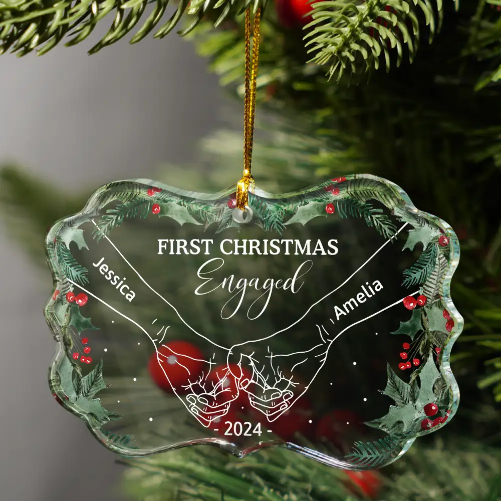 Holding Hands First Christmas As Mr & Mrs Couple - Personalized Medallion Glass Ornament - Image 3