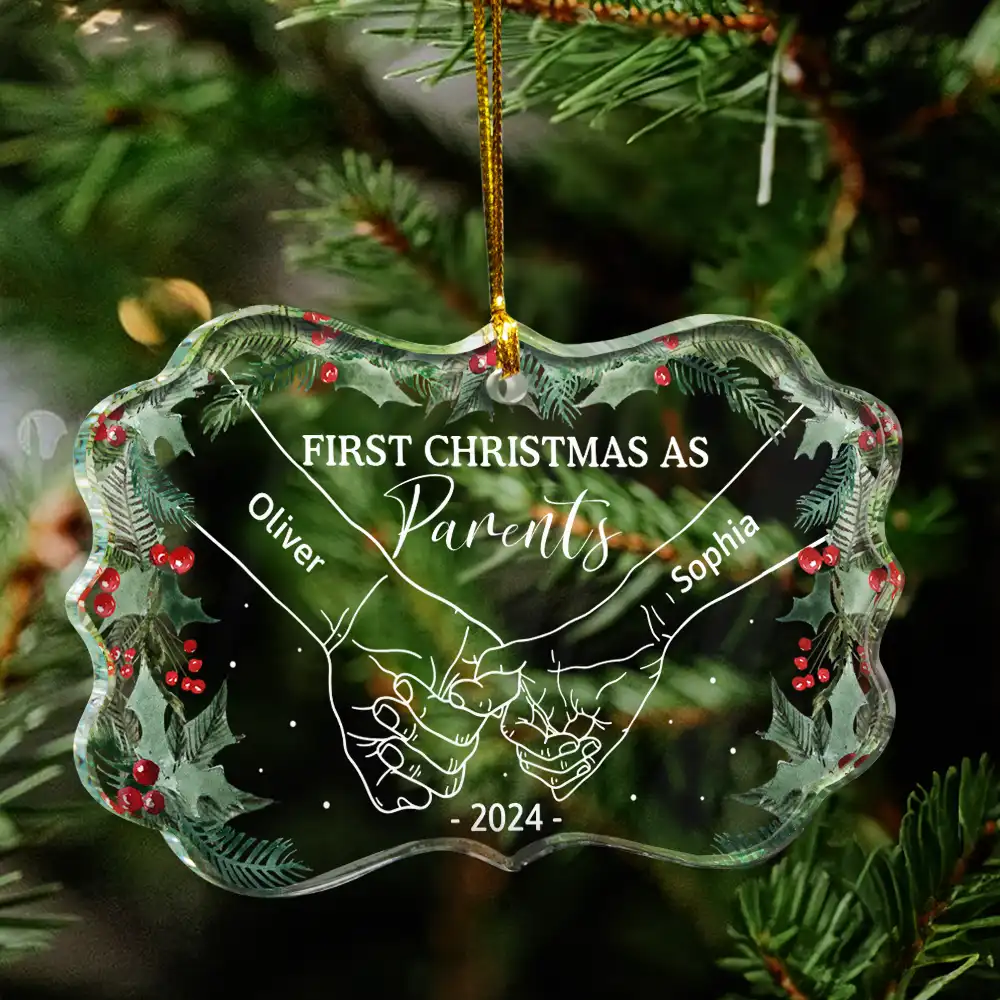 Holding Hands First Christmas As Mr & Mrs Couple - Personalized Medallion Glass Ornament - Image 4