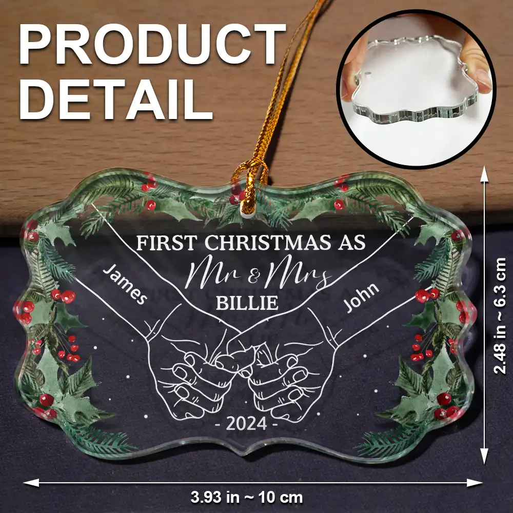 Holding Hands First Christmas As Mr & Mrs Couple - Personalized Medallion Glass Ornament - Image 5