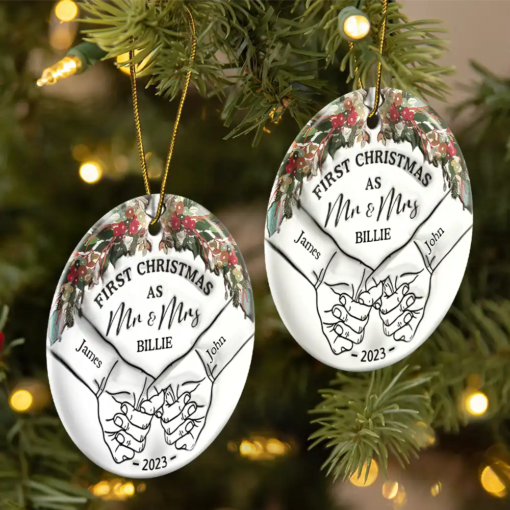 Holding Hands First Christmas Couple - 3D Inflated Effect Printed Ornament, Personalized Circle Ceramic Ornament - Image 2