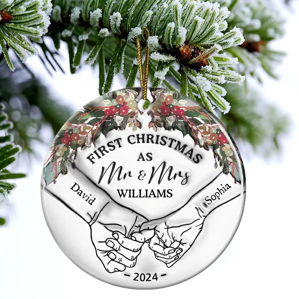 Holding Hands First Christmas Couple - 3D Inflated Effect Printed Ornament, Personalized Circle Ceramic Ornament - Image 4