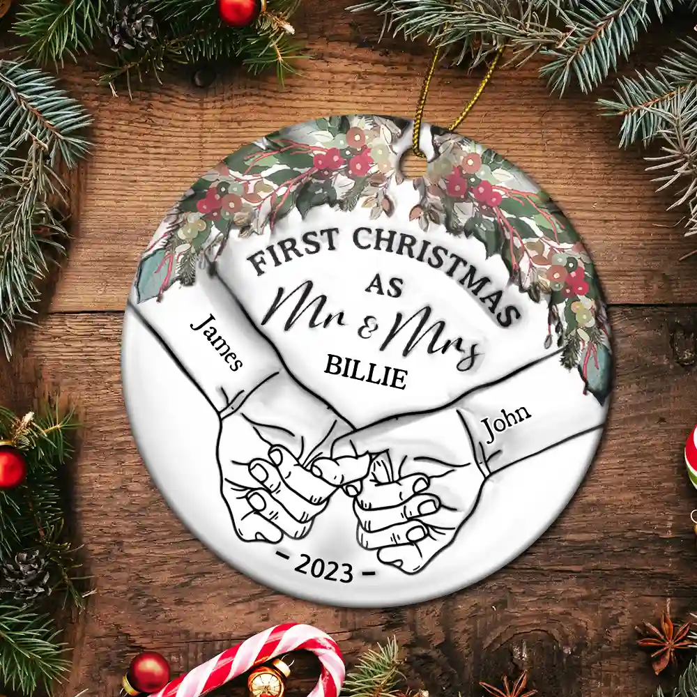 Holding Hands First Christmas Couple - 3D Inflated Effect Printed Ornament, Personalized Circle Ceramic Ornament - Image 5