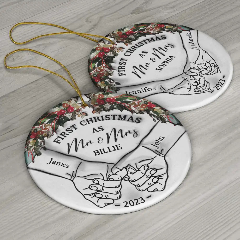 Holding Hands First Christmas Couple - 3D Inflated Effect Printed Ornament, Personalized Circle Ceramic Ornament - Image 6