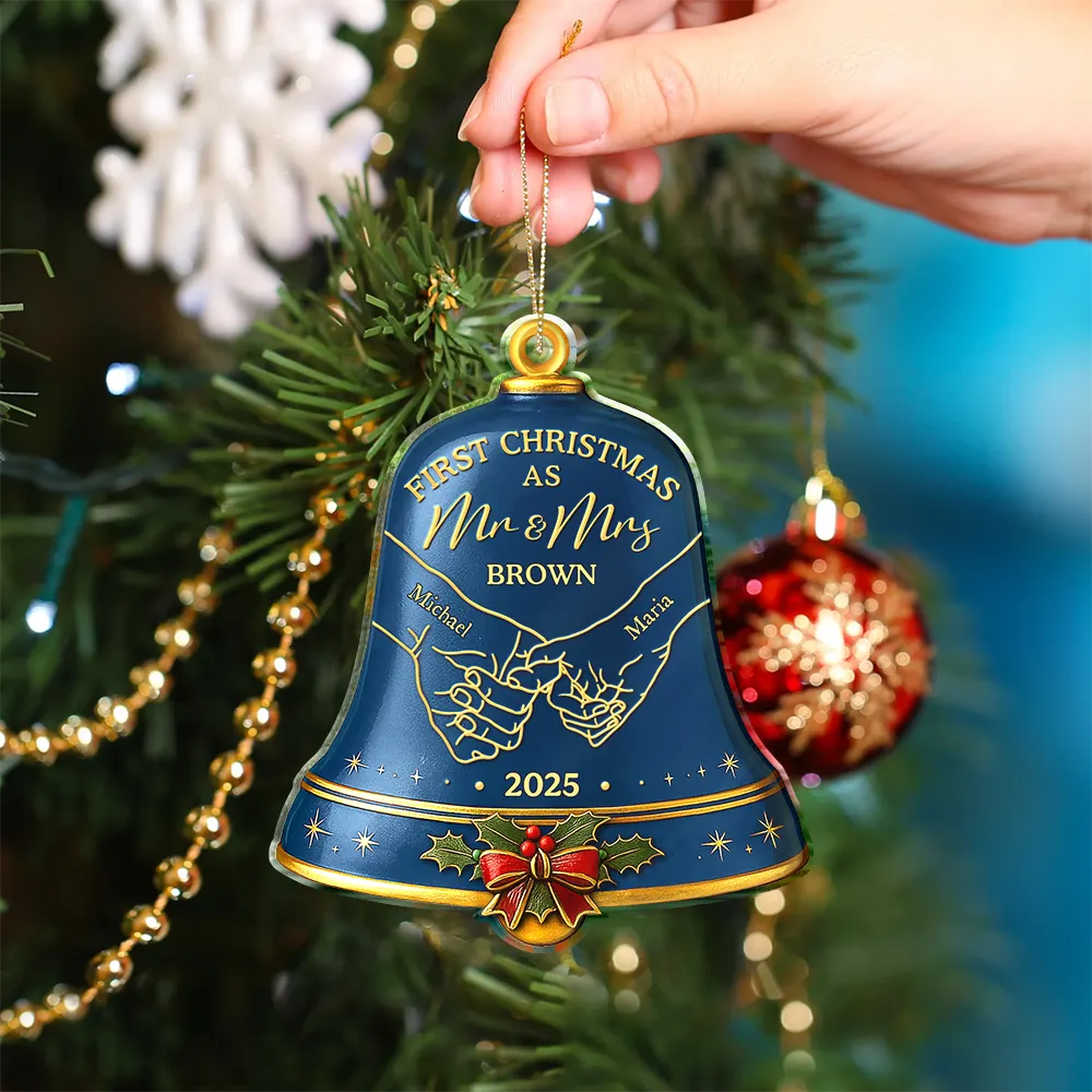 Holding Hands First Christmas Couple Bell - Personalized Custom Shaped Acrylic Ornament - Image 4