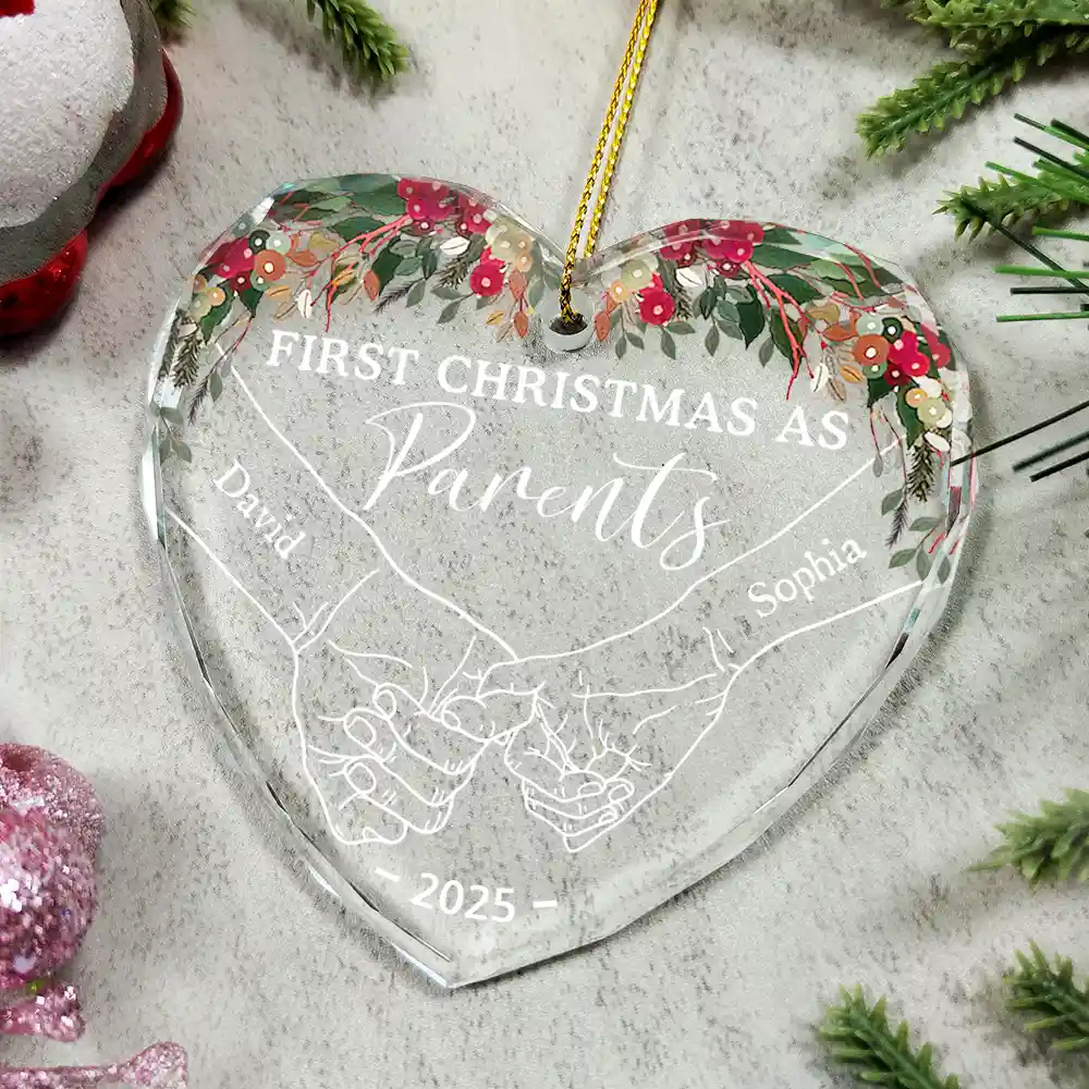 Holding Hands First Christmas Couple - Personalized Circle Glass Ornament - Image 5