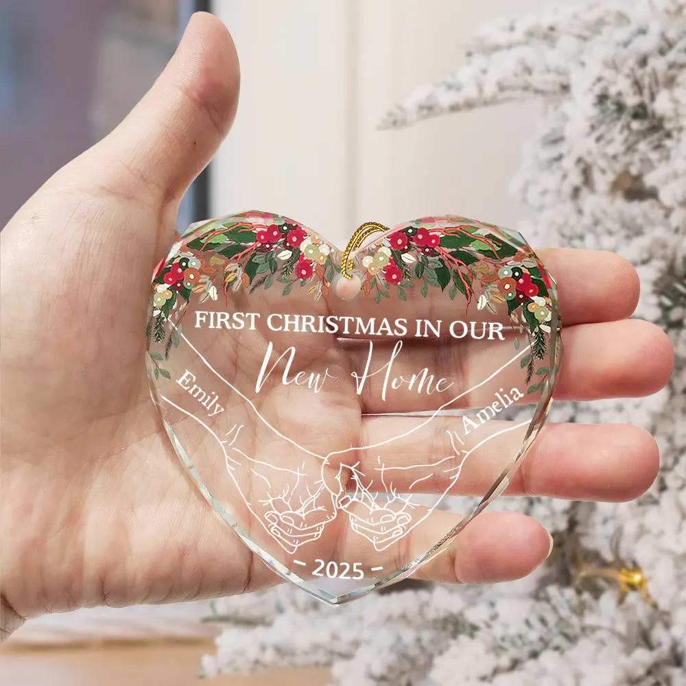 Holding Hands First Christmas Couple - Personalized Heart Shaped Glass Ornament - Image 3