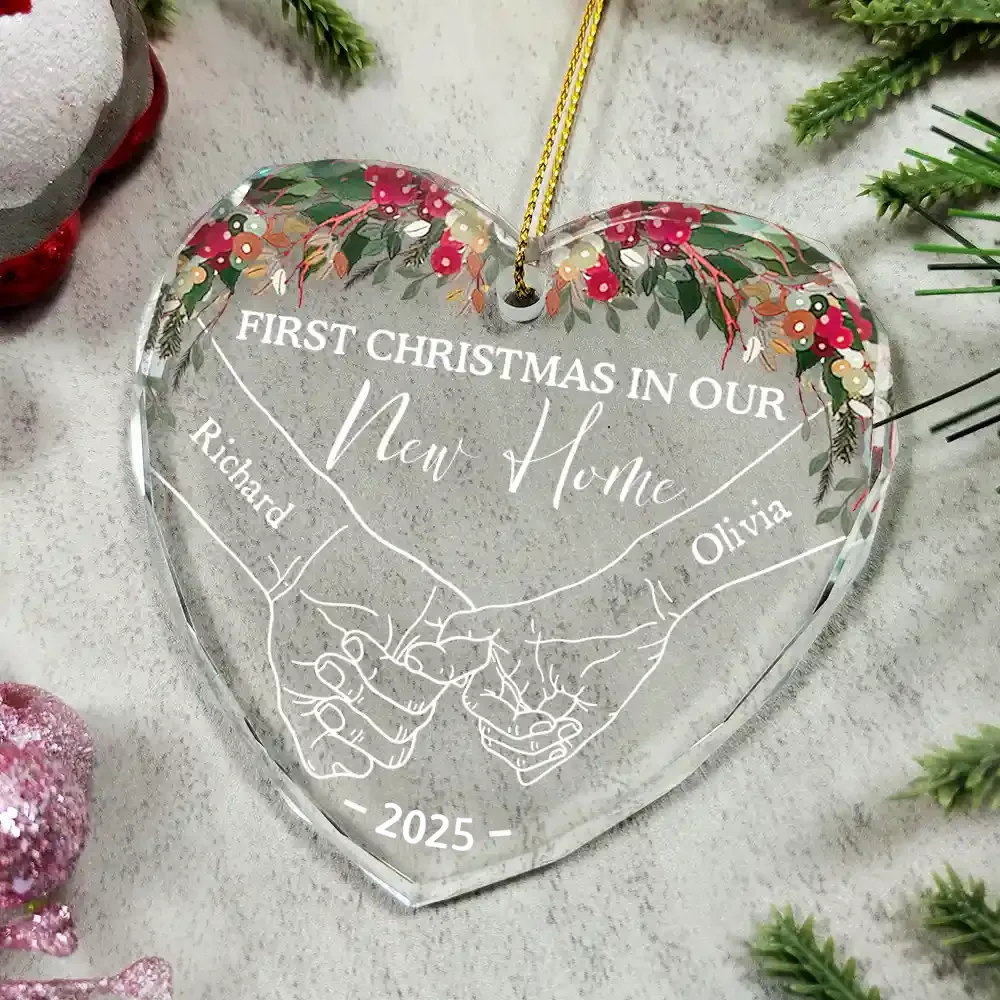Holding Hands First Christmas Couple - Personalized Heart Shaped Glass Ornament - Image 4