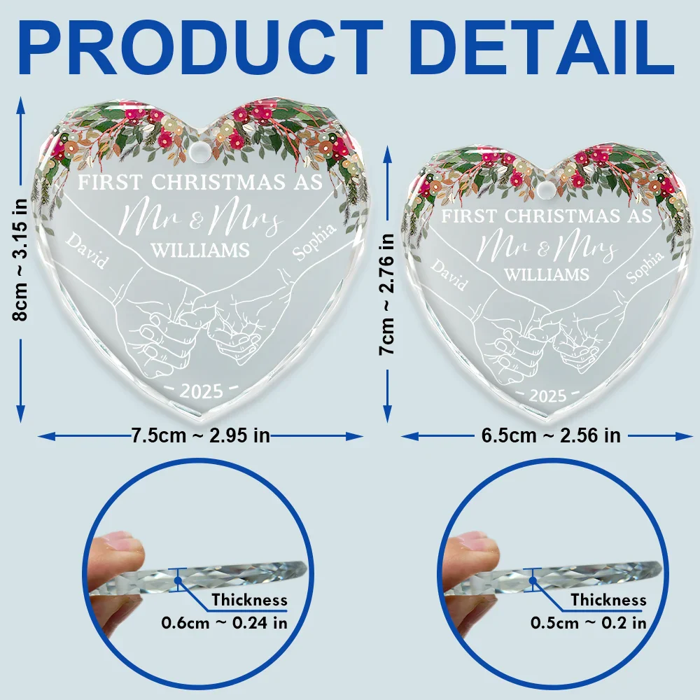 Holding Hands First Christmas Couple - Personalized Heart Shaped Glass Ornament - Image 5
