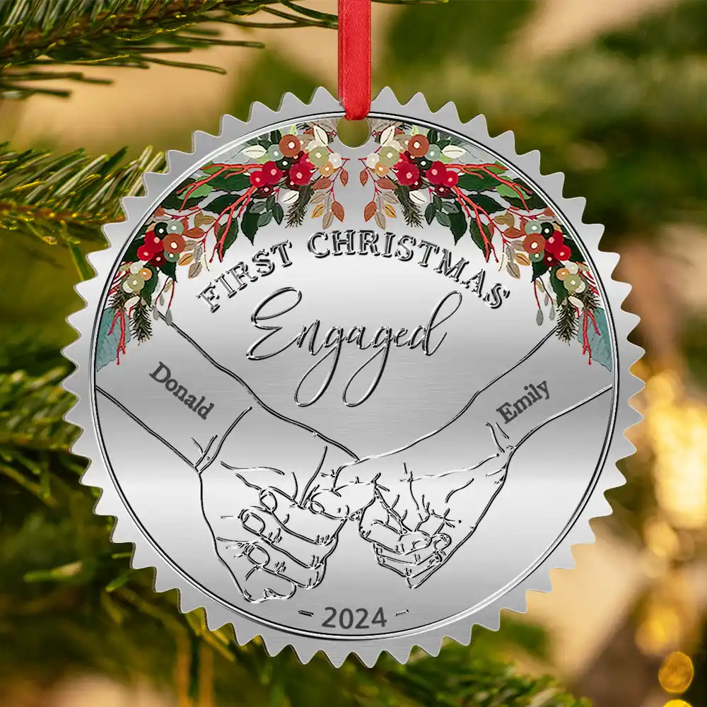Holding Hands First Christmas Married Couple - Personalized Metal Ornament - Image 3