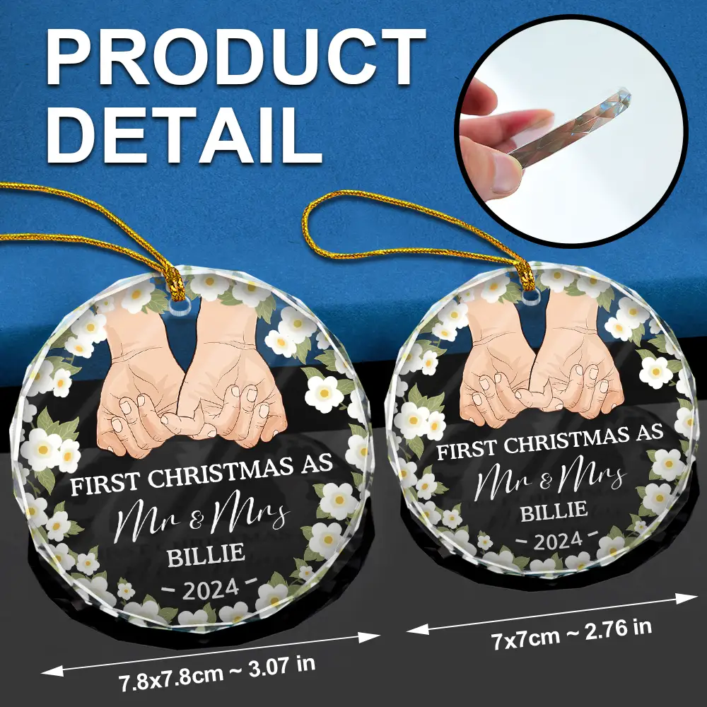 Holding Hands Husband And Wife First Christmas - Personalized Circle Glass Ornament - Image 6