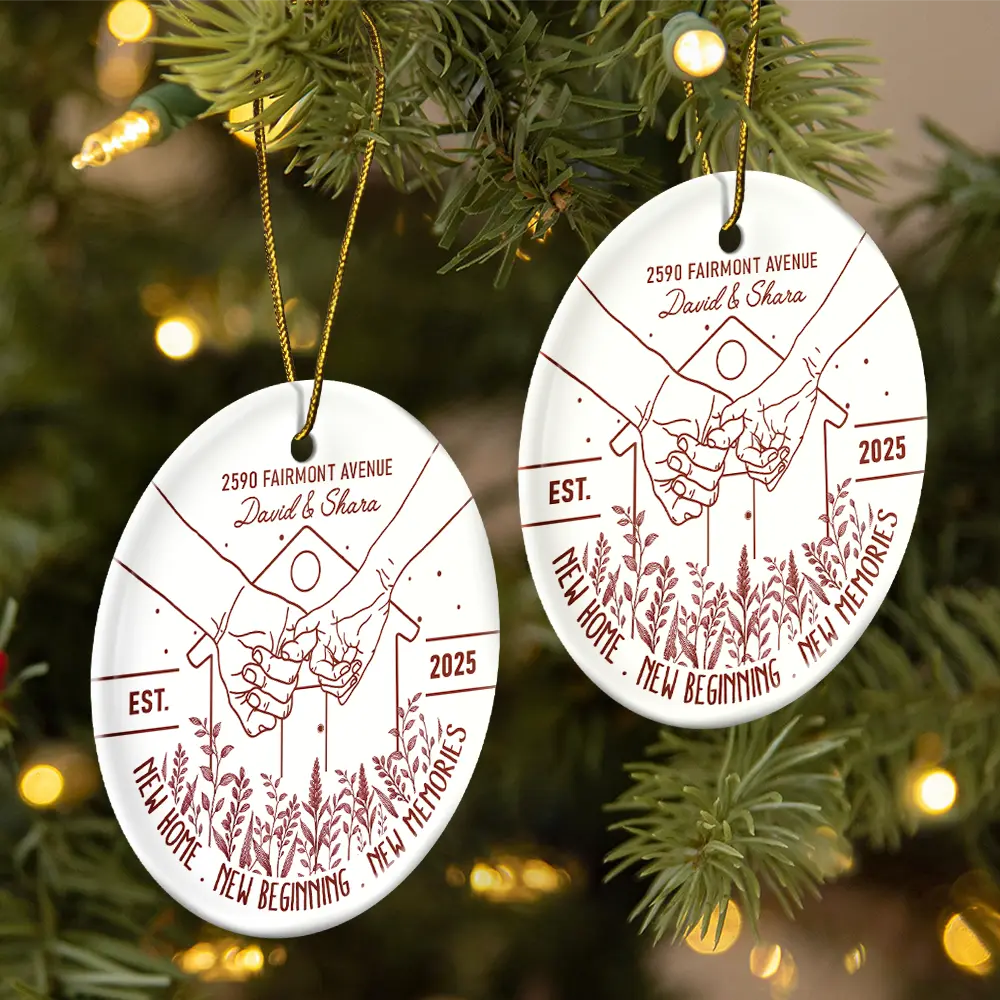 Holding Hands New Home New Beginning - Personalized Circle Ceramic Ornament - Image 2