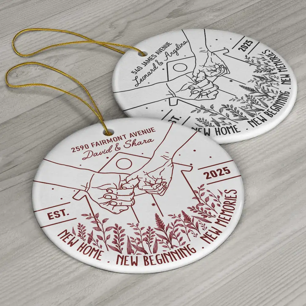 Holding Hands New Home New Beginning - Personalized Circle Ceramic Ornament - Image 6