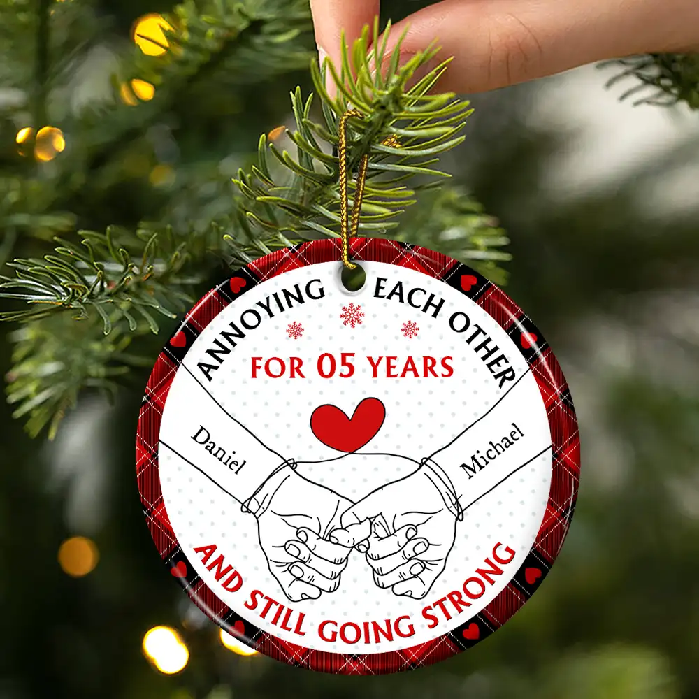 Holding Hands Old Couple Annoying Each Other - Personalized Circle Ceramic Ornament - Image 3