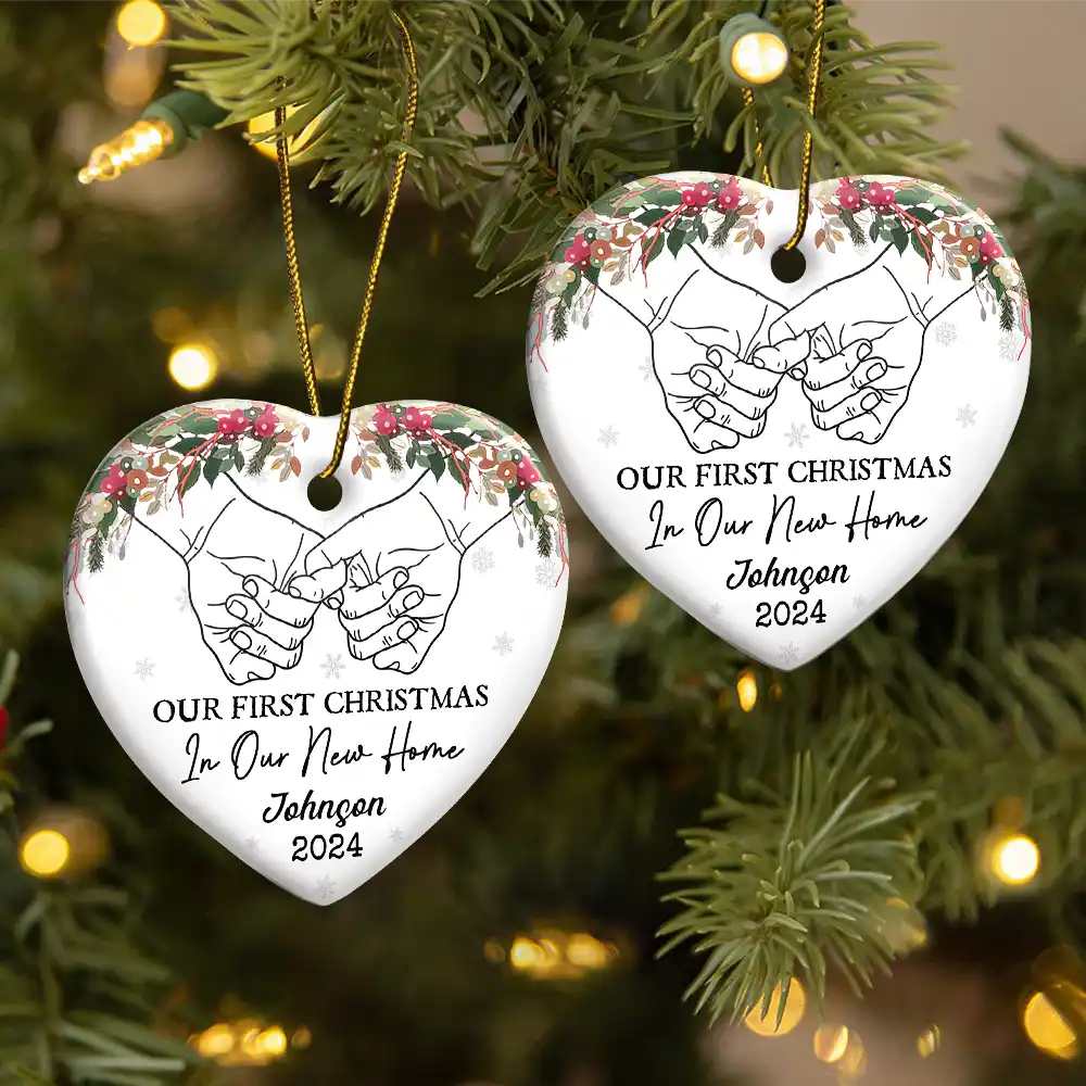Holding Hands Our First Christmas - Personalized Heart Ceramic Ornament - Image 2