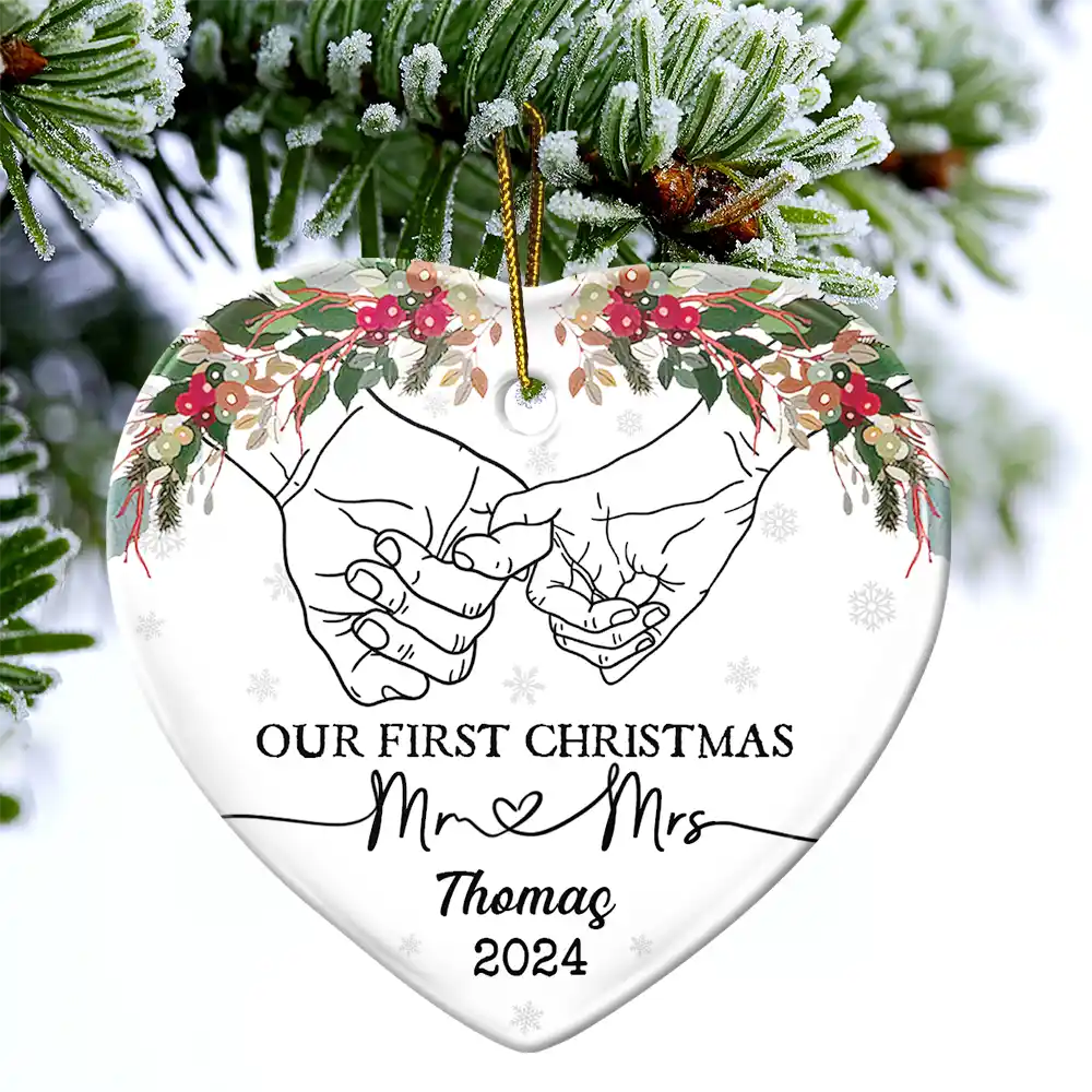 Holding Hands Our First Christmas - Personalized Heart Ceramic Ornament - Image 4