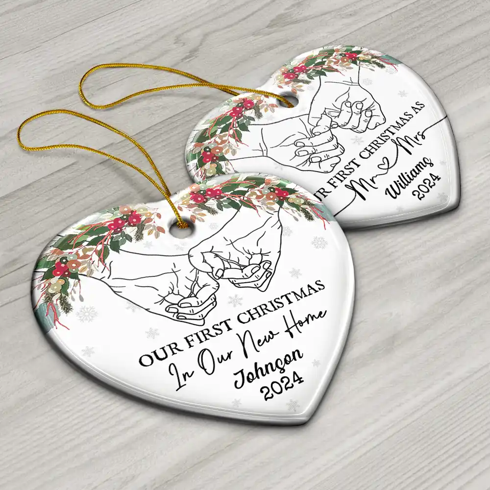Holding Hands Our First Christmas - Personalized Heart Ceramic Ornament - Image 6