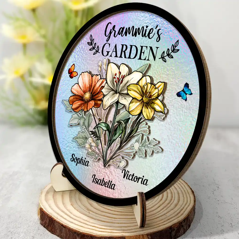 Holography Grandma's Garden Birth Flower - Personalized 2-Layered Wooden Plaque With Stand - Image 2