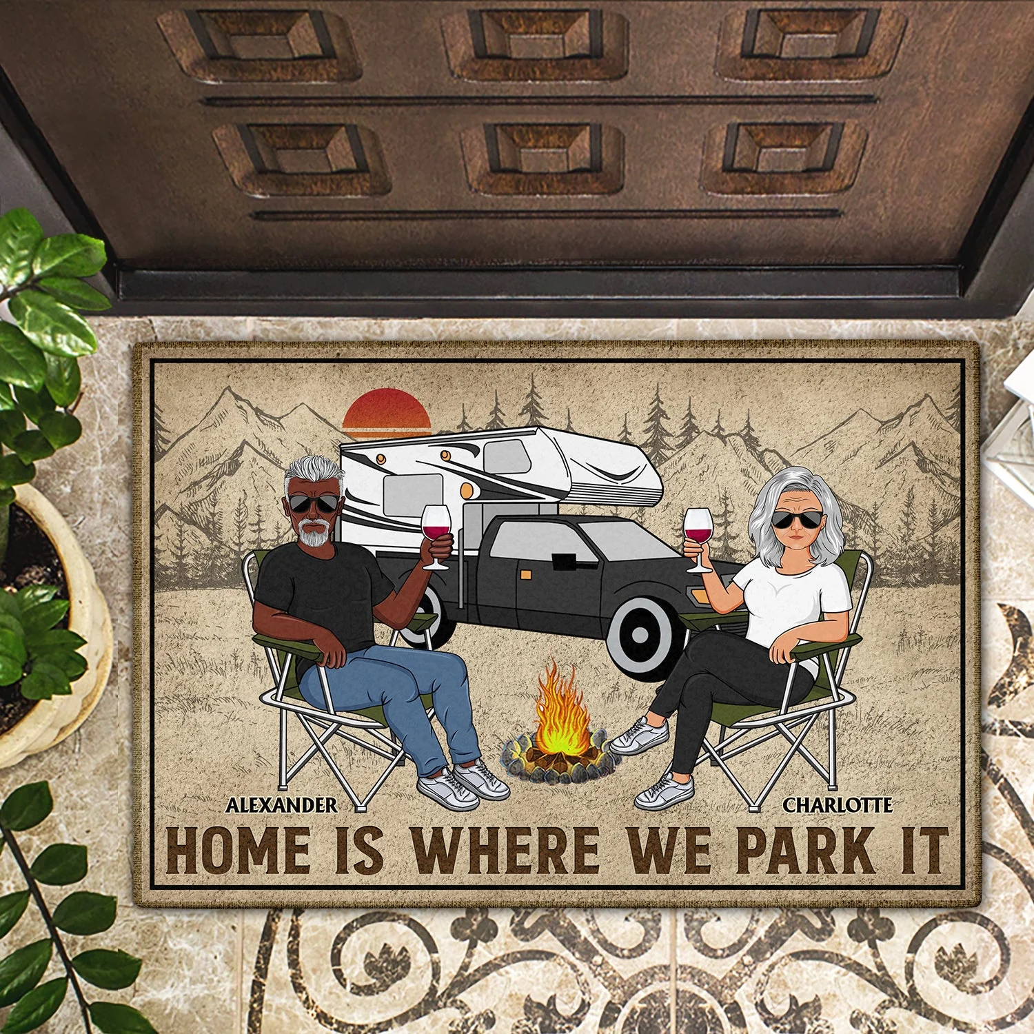 Home Is Where We Park It - Family Gifts For Couples, Husband, Wife, Camping Lovers - Personalized Doormat - Image 2