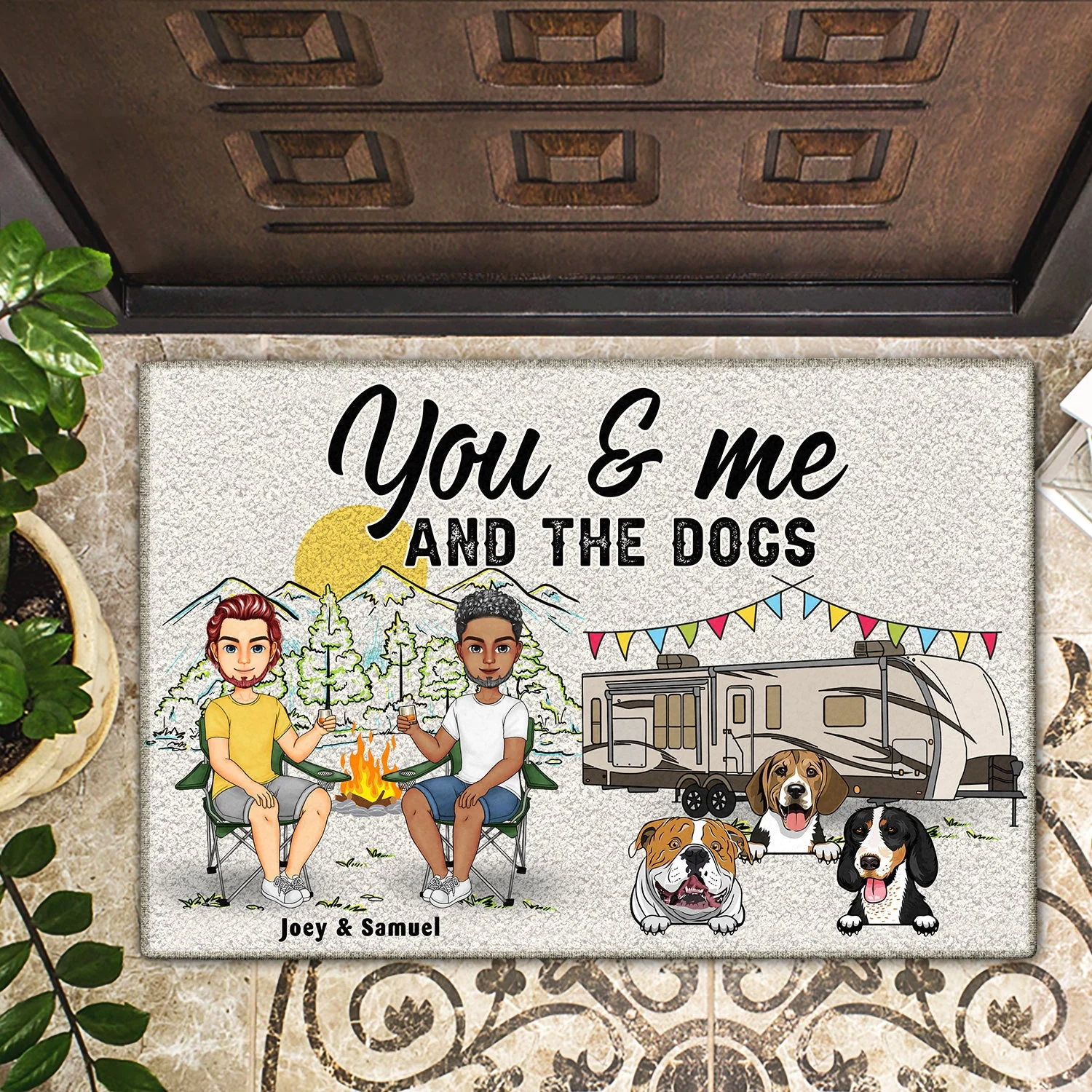 Home Is Where We Park It You Me And The Dogs Cartoon - Gift For Camping Couples - Personalized Doormat - Image 2
