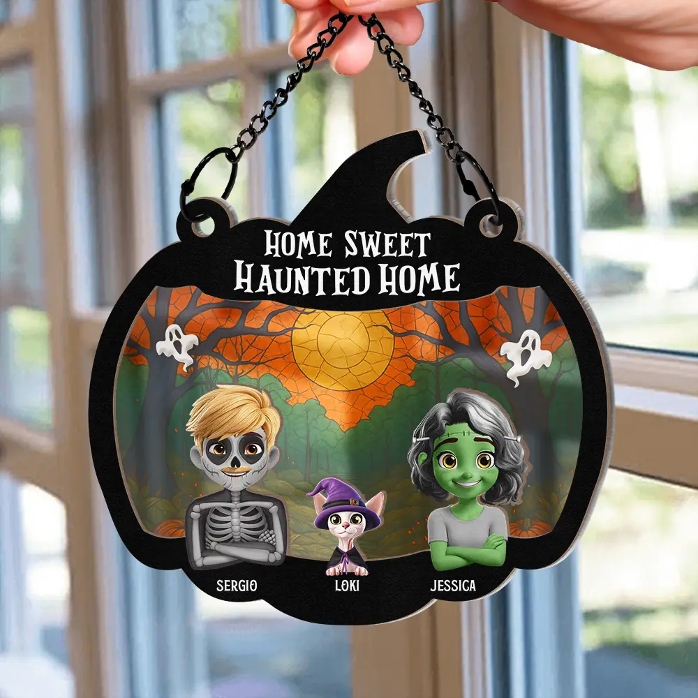 Home Sweet Haunted Home Couple With Kids & Pets - Personalized Window Hanging Suncatcher Ornament - Image 2