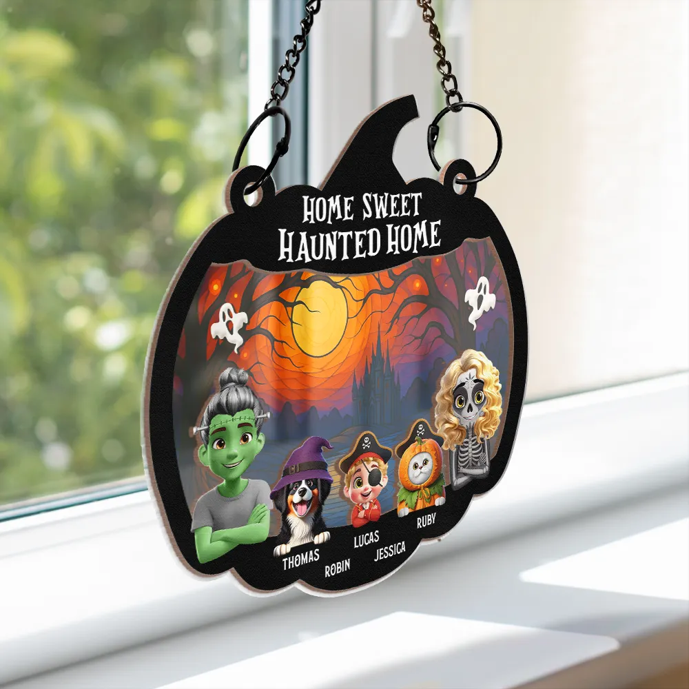 Home Sweet Haunted Home Couple With Kids & Pets - Personalized Window Hanging Suncatcher Ornament - Image 3