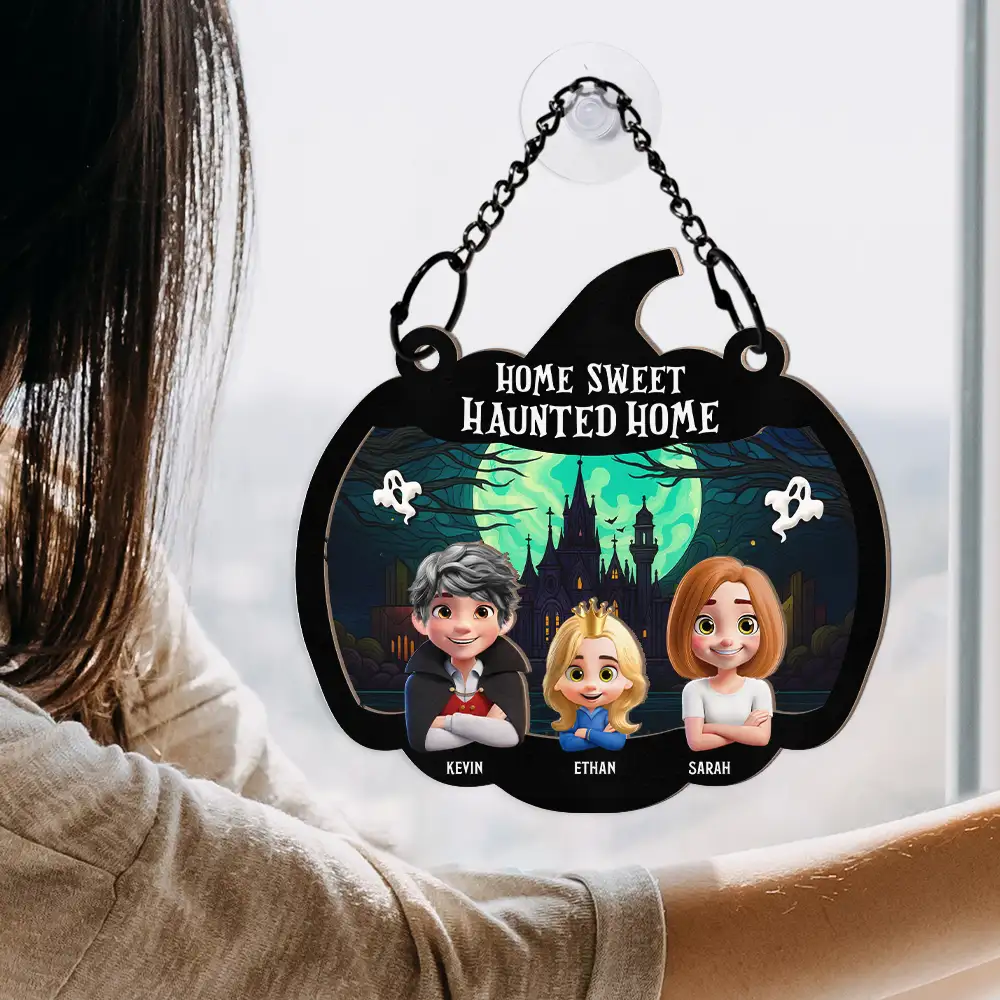 Home Sweet Haunted Home Couple With Kids & Pets - Personalized Window Hanging Suncatcher Ornament - Image 4