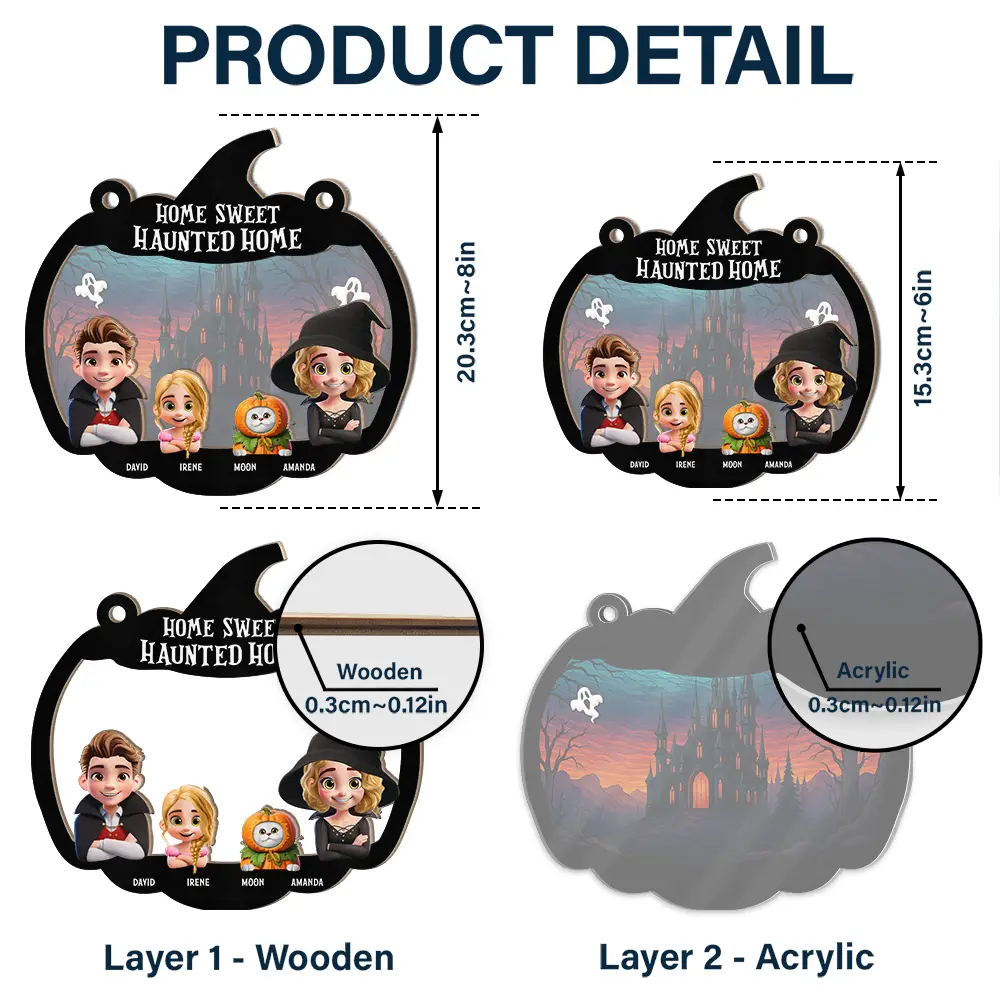 Home Sweet Haunted Home Couple With Kids & Pets - Personalized Window Hanging Suncatcher Ornament - Image 5
