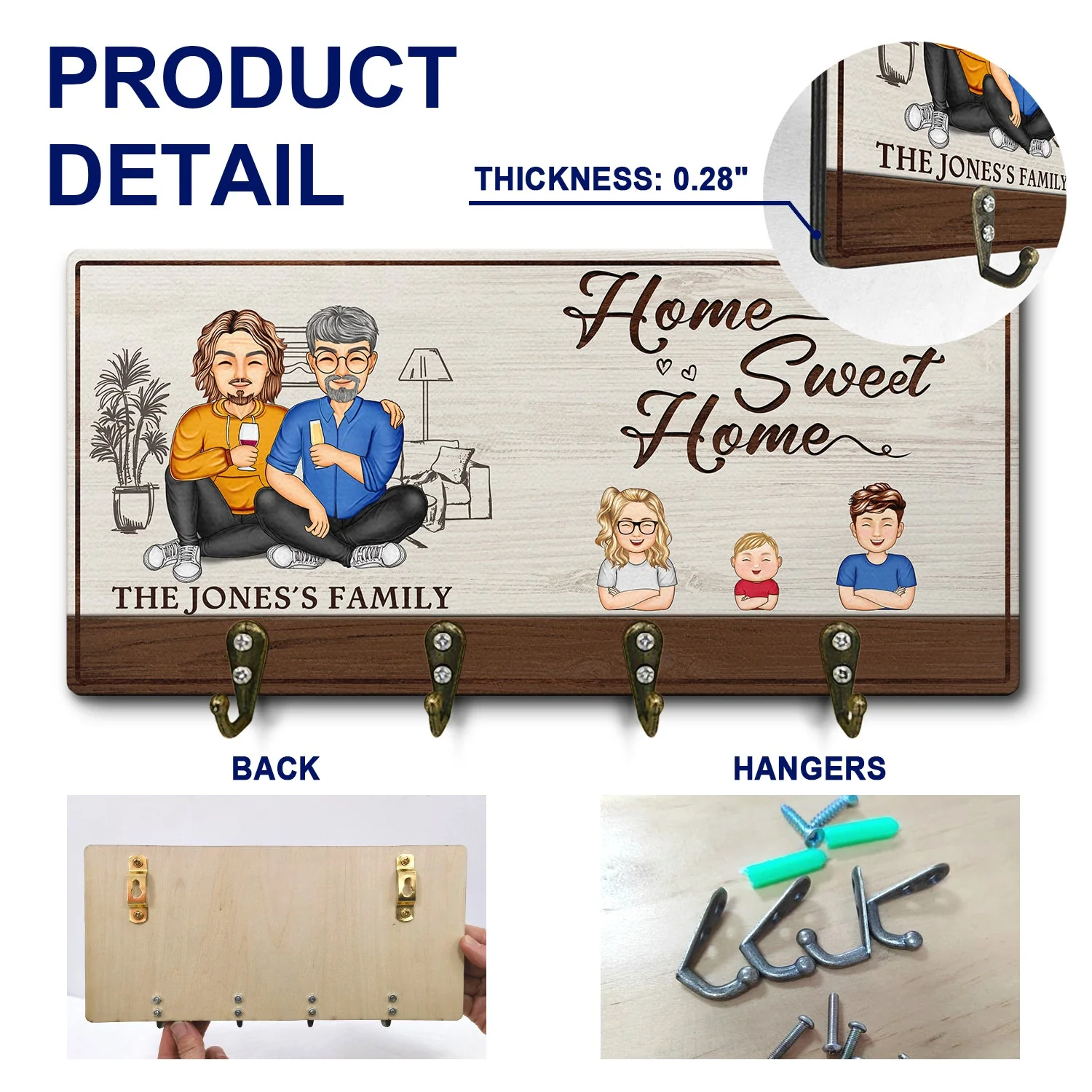 Home Sweet Home - Home Decor Gift For Family, Husband, Wife, Couple - Personalized Wood Key Holder - Image 5