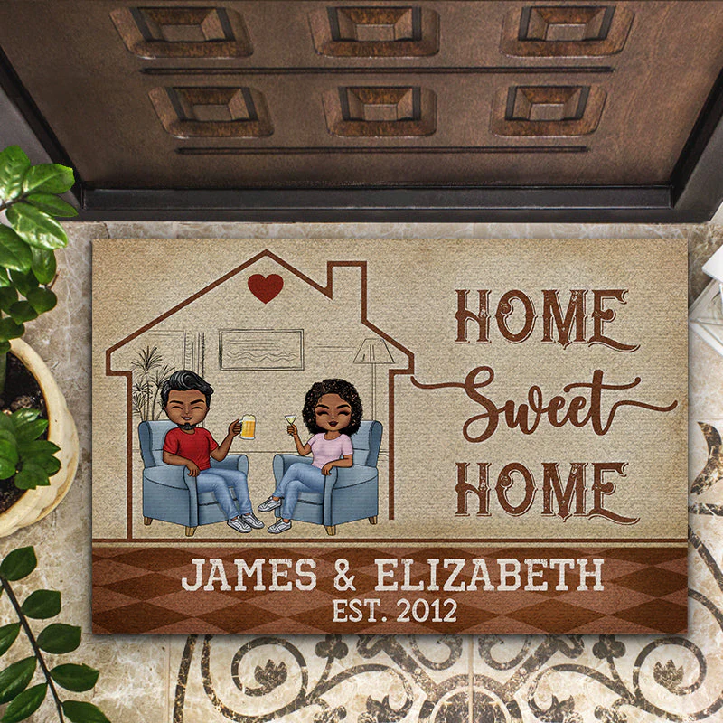Home Sweet Home Husband Wife Chibi - Couple Gift - Personalized Custom Doormat - Image 2