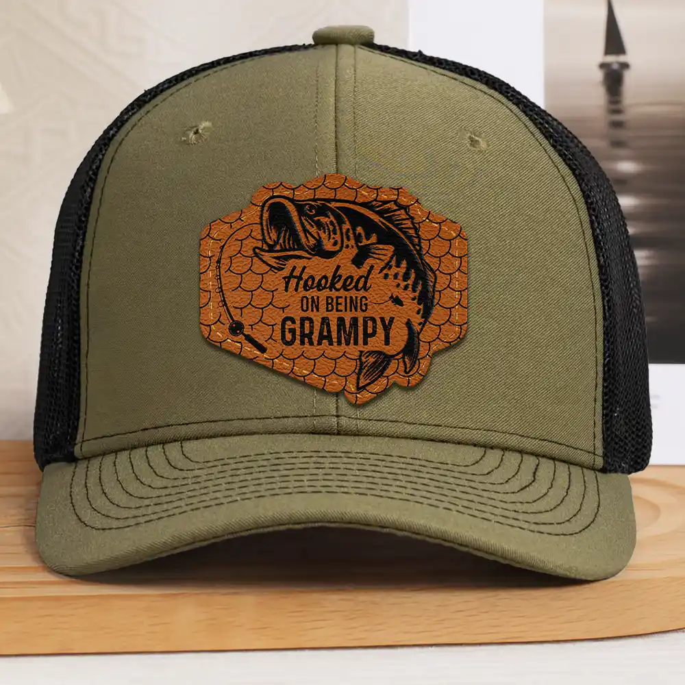 Hooked On Being Grandpa Dad Fishing - Personalized Leather Patch Hat - Image 2