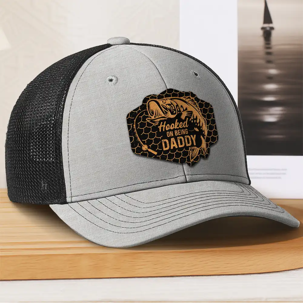 Hooked On Being Grandpa Dad Fishing - Personalized Leather Patch Hat - Image 3