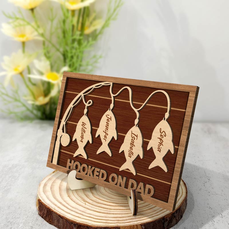 Hooked On Dad Grandpa - Gift For Father, Grandfather - Personalized 2-Layered Wooden Plaque With Stand - Image 2